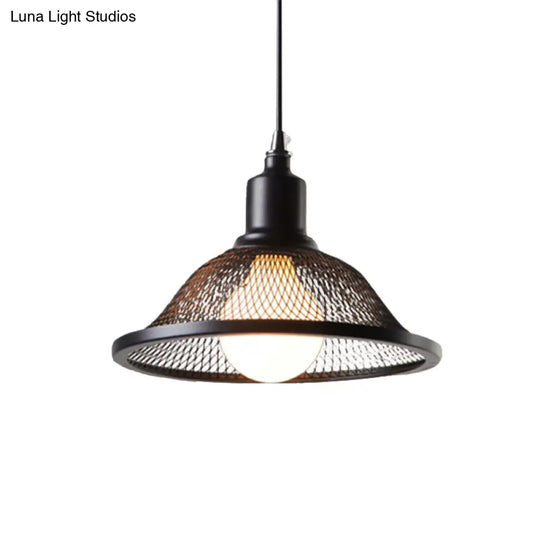 Industrial Black Flared Pendant Light With Mesh Cage - Stylish Hanging Lighting Fixture