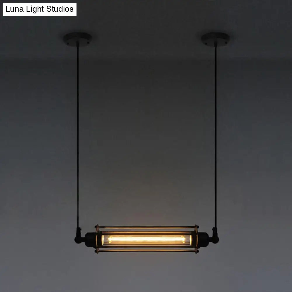 Industrial Black Iron Cage Pendant Light - 1-Bulb Cylindrical Ceiling Fixture For Bars / Horizontal