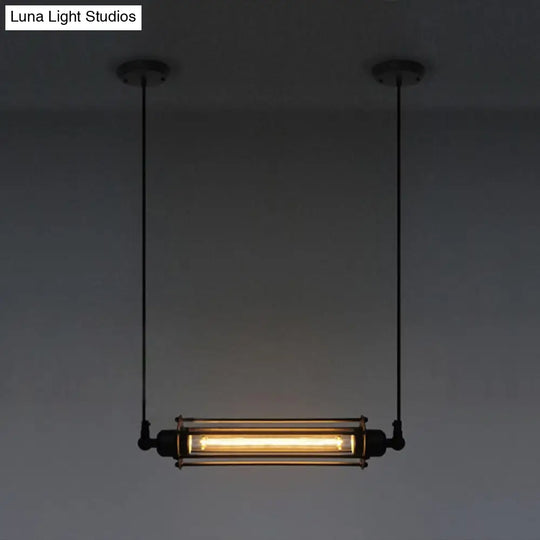 Industrial Black Iron Cage Pendant Light - 1-Bulb Cylindrical Ceiling Fixture For Bars / Horizontal