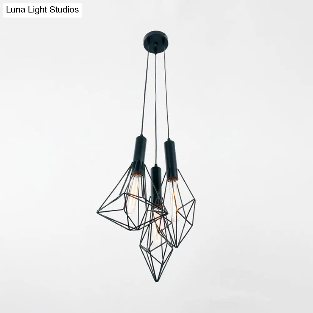 Industrial Black Iron Cage Pendant Light - Abstract Cafe Hanging Fixture With 3 Lights
