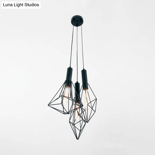 Industrial Black Iron Cage Pendant Light - Abstract Cafe Hanging Fixture With 3 Lights