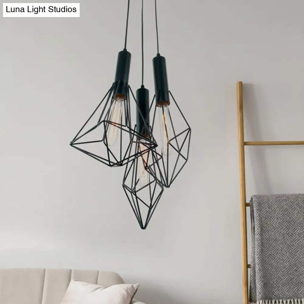 Industrial Black Iron Cage Pendant Hanging Light With 3 Lights For Cafe