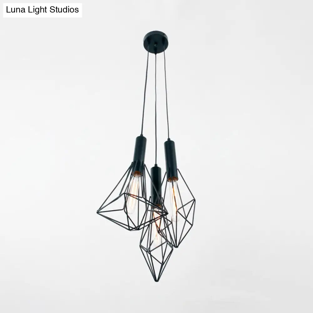 Industrial Black Iron Cage Pendant Hanging Light With 3 Lights For Cafe