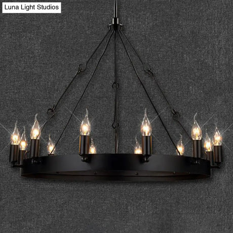 Industrial Black Iron Circle Chandelier With 12/18 Lights Bare Bulb Design - Hanging Lamp Kit