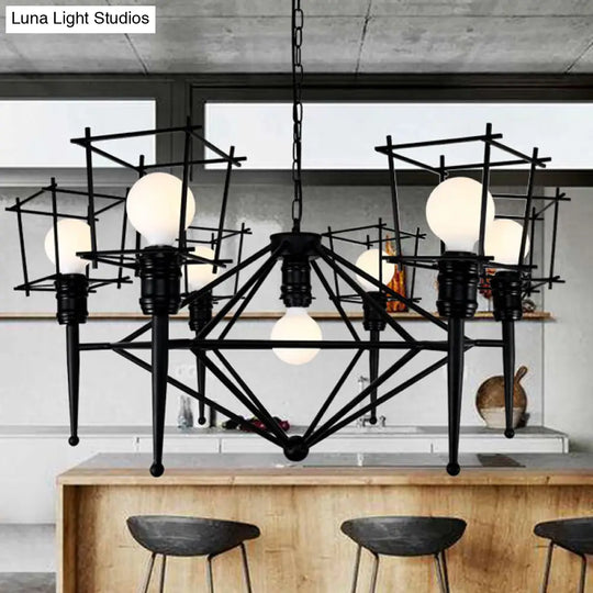 Industrial Black Iron Pendant Lighting - Squared Cage Style For Restaurants