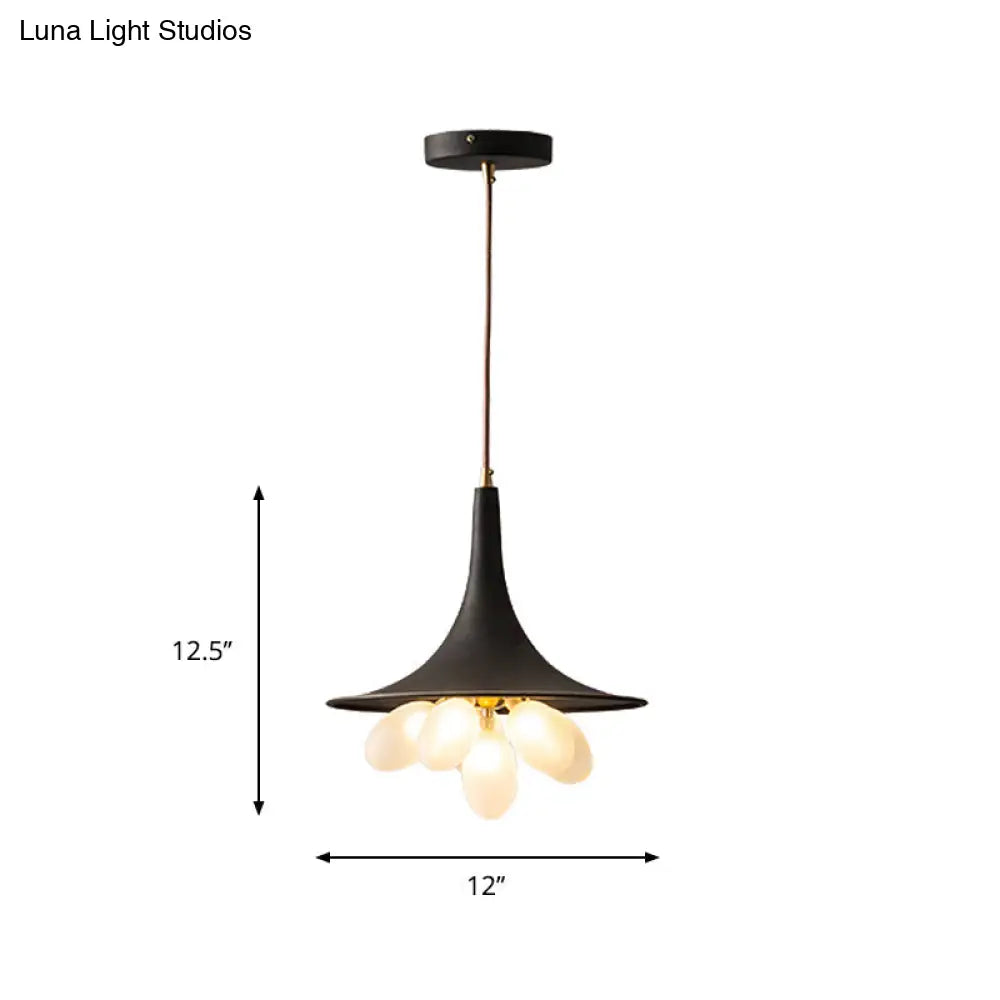Industrial Black Iron Pendant Chandelier With Wide Flared Shade – Grapes Frosted Glass Dining