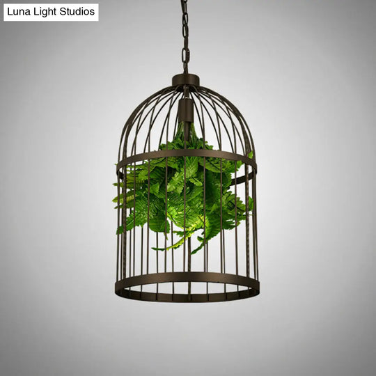 Industrial Black Iron Birdcage Pendant Lamp With Single Bulb And Artificial Plant Décor
