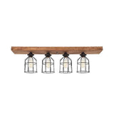 Industrial Black Iron Semi Flush Ceiling Light Fixture With Wire Cage And Wooden Canopy - 4 Bulbs