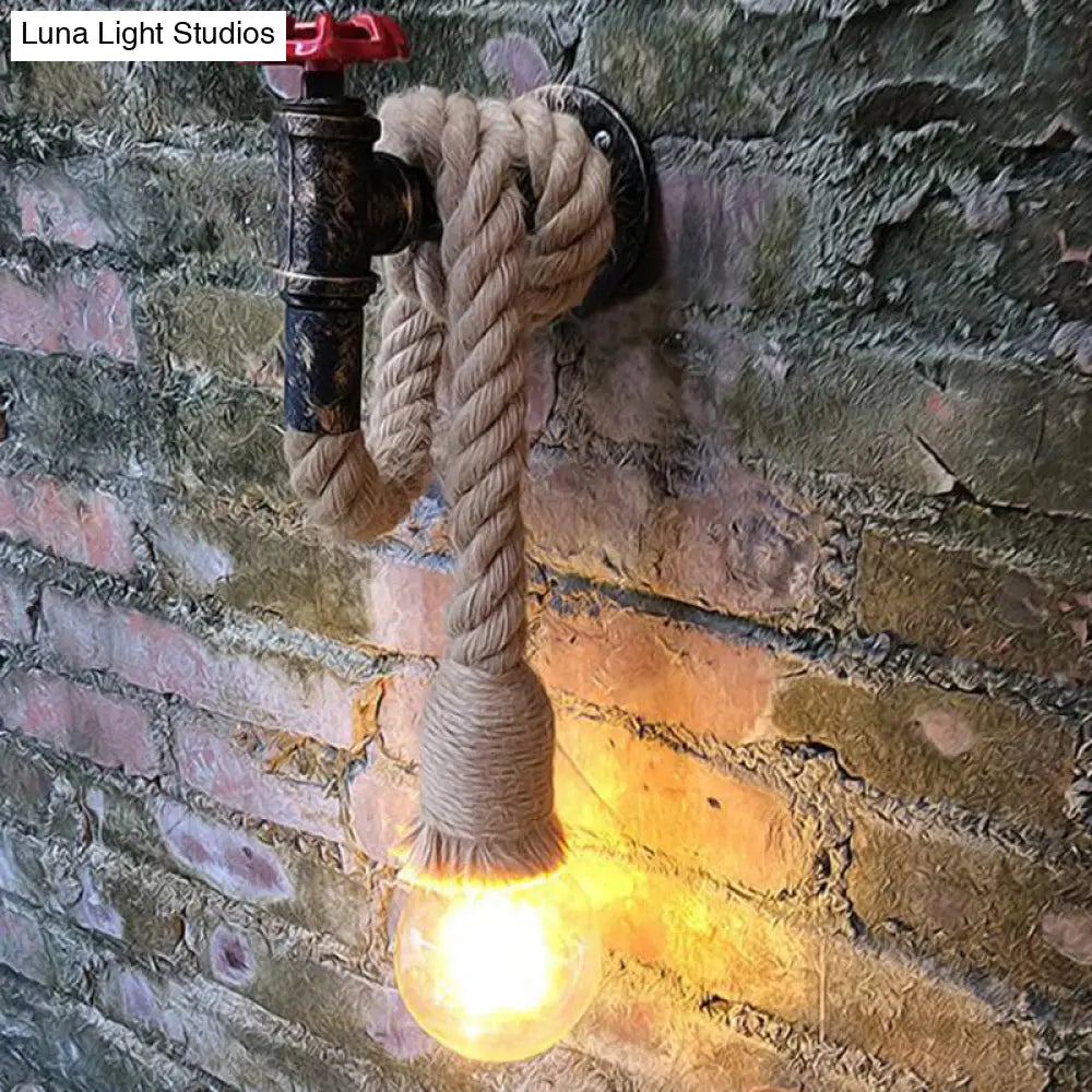 Industrial Black Iron Water Tap Sconce: 1-Light Wall Light Fixture With Rope Socket