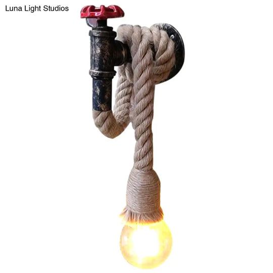 Industrial Black Iron Water Tap Sconce: 1-Light Wall Light Fixture With Rope Socket
