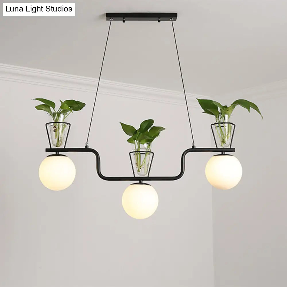 Industrial Black Pendant Lamp With Opal Glass Globe And Clear Pot 3-Bulb Island Light Fixture