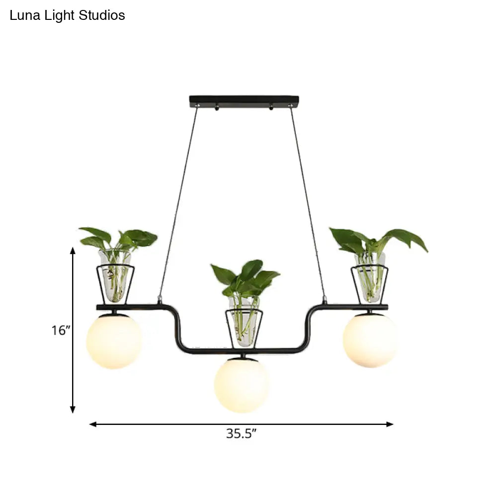 Industrial Black Pendant Lamp With Opal Glass Globe And Clear Pot 3-Bulb Island Light Fixture