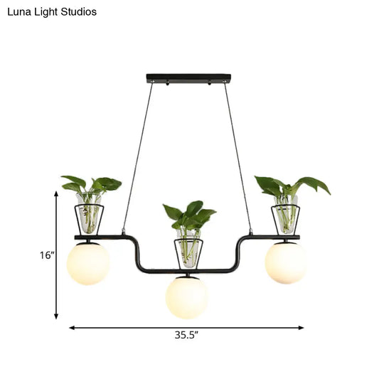 Industrial Black Pendant Lamp With Opal Glass Globe And Clear Pot 3-Bulb Island Light Fixture