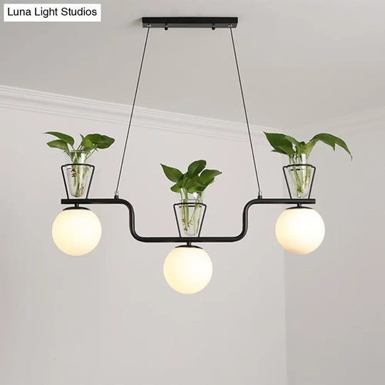 Industrial Black Island Light Fixture With Opal Glass Globe Pendant And Clear Pot - 3-Bulb