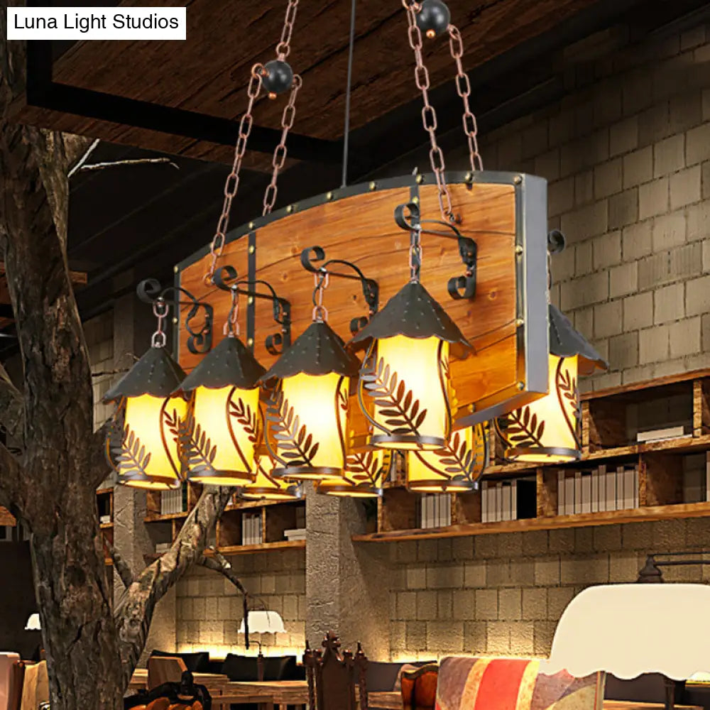 Industrial Black Lantern Island Pendant Light With 8 Lights Metal Arm White Fabric/Clear Glass - For