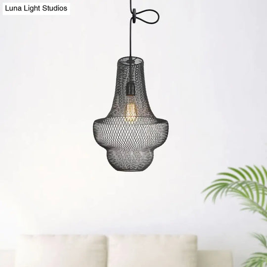 Industrial Black Mesh Cage Pendant Light - Modern Metal Hanging Lamp For Dining Room