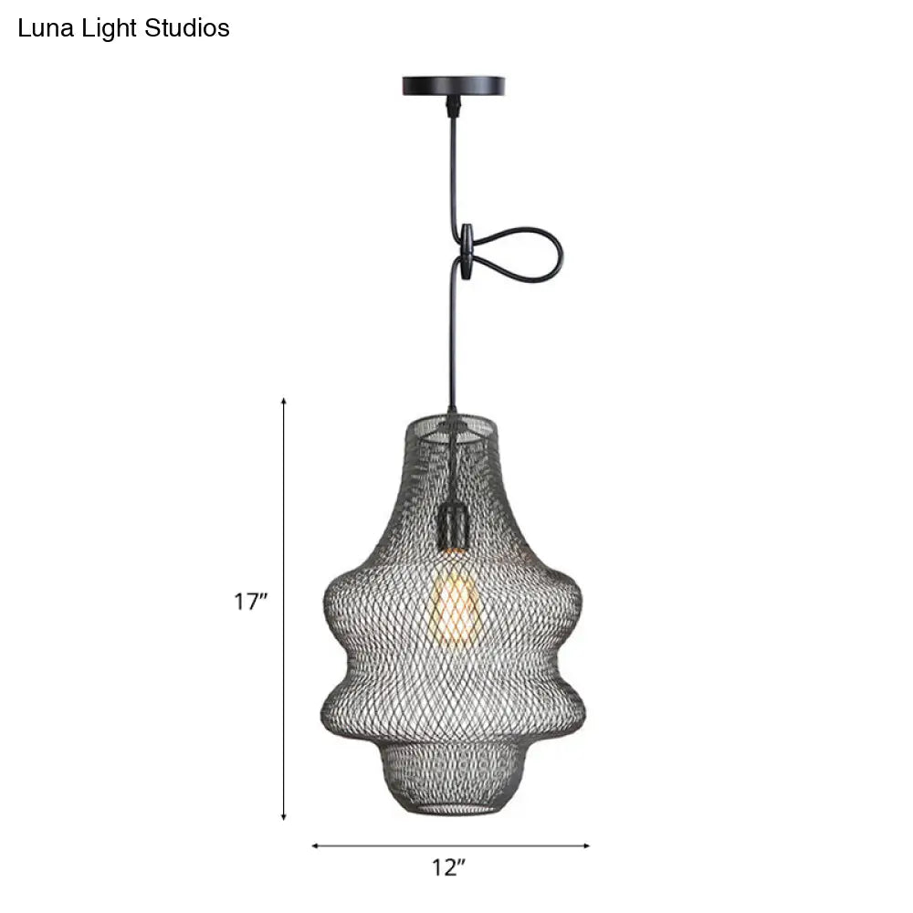 Industrial Black Mesh Cage Pendant Light - Modern Metal Hanging Lamp For Dining Room