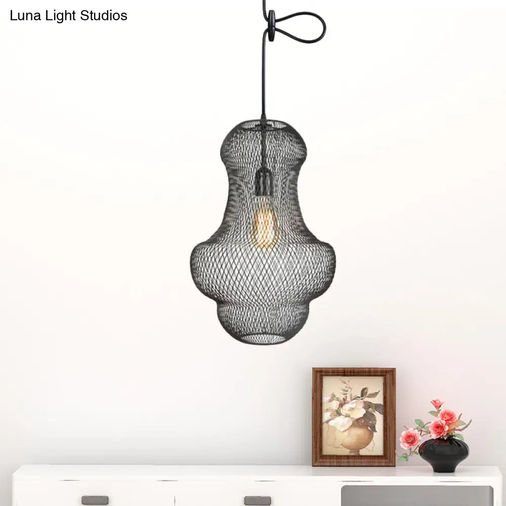 Industrial Black Mesh Cage Pendant Light - Modern Metal Hanging Lamp For Dining Room