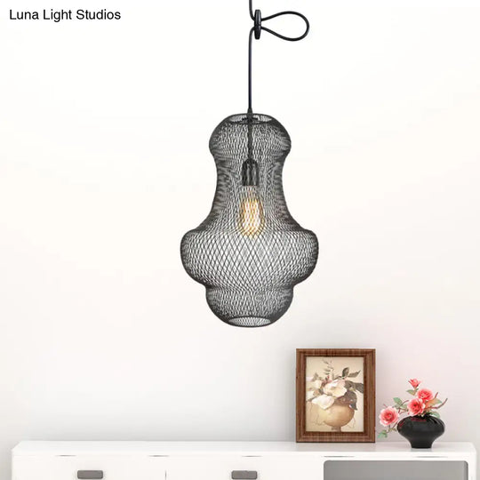 Industrial Black Mesh Cage Pendant Light - Modern Metal Hanging Lamp For Dining Room
