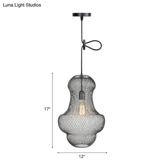 Industrial Black Mesh Cage Pendant Light - Modern Metal Hanging Lamp For Dining Room