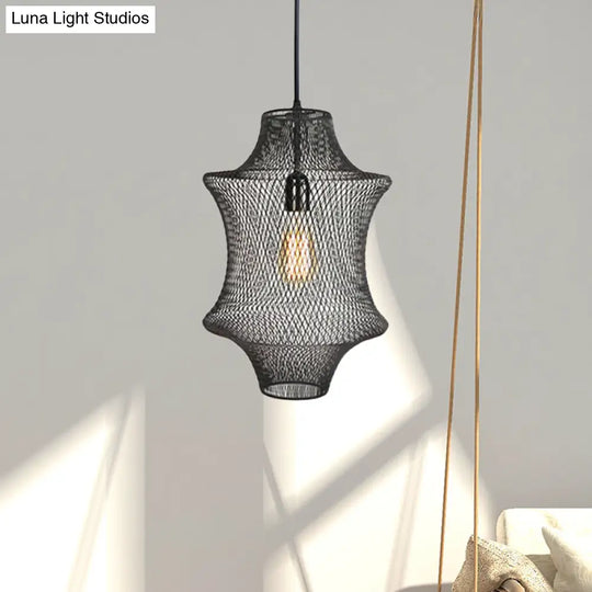 Industrial Black Mesh Cage Pendant Light - Modern Metal Hanging Lamp For Dining Room