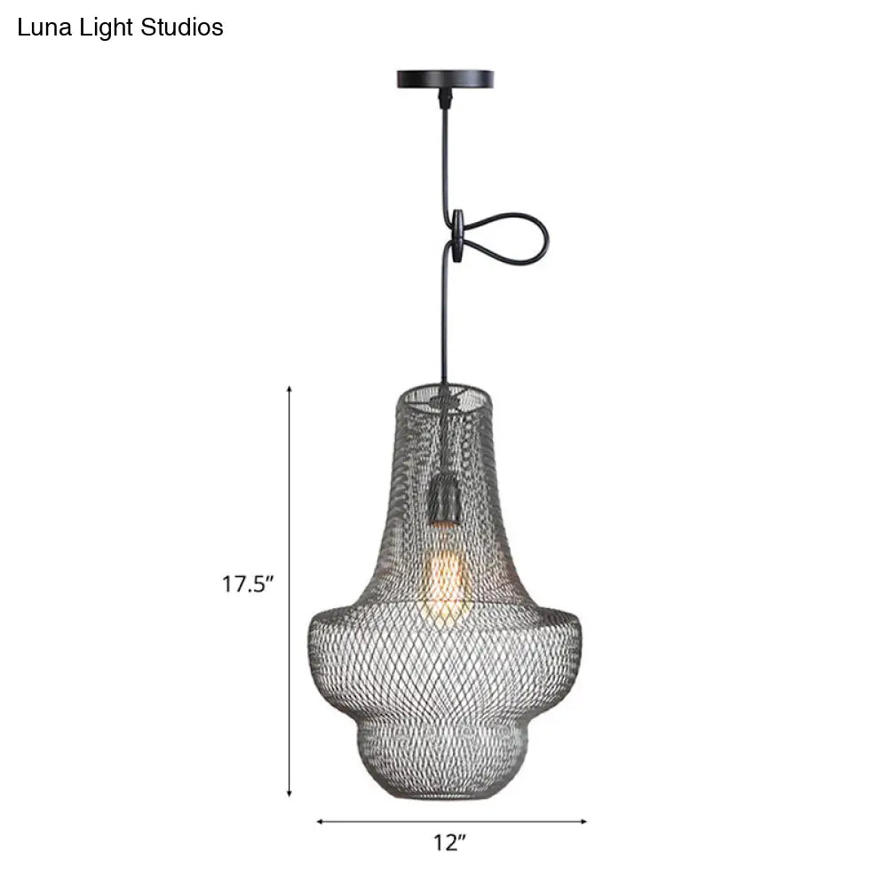 Industrial Black Mesh Cage Pendant Light - Modern Metal Hanging Lamp For Dining Room