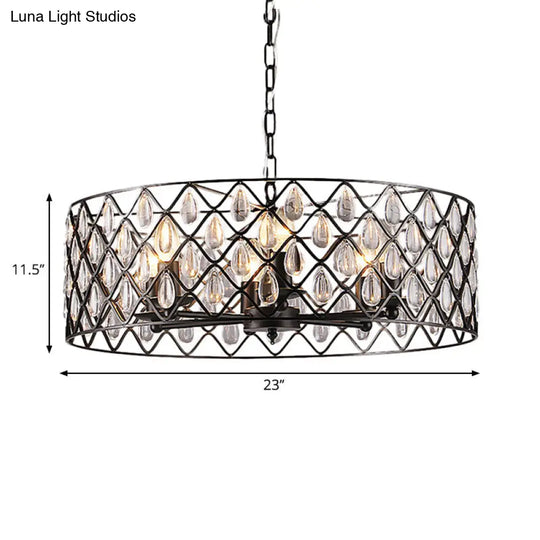 Industrial Black Chandelier With Crystal Drop And Metal Cage: 1/4/6 Pendant Lights