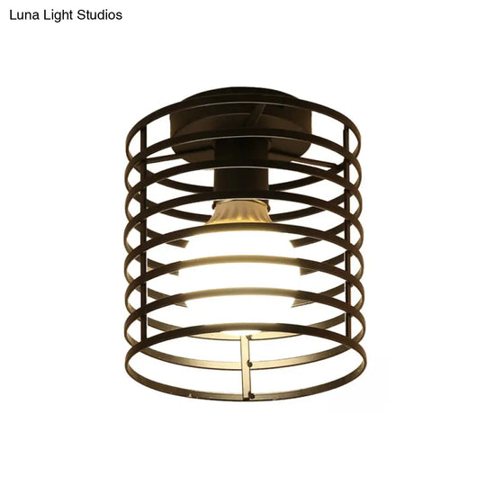 Industrial Black Metal Ceiling Light With Cylinder/Teardrop Shade - 1 Corridor Semi Flush Fixture