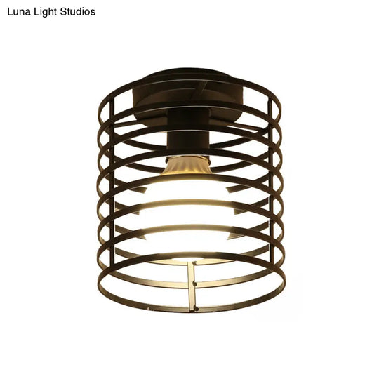 Industrial Black Metal Ceiling Light With Cylinder/Teardrop Shade - 1 Corridor Semi Flush Fixture