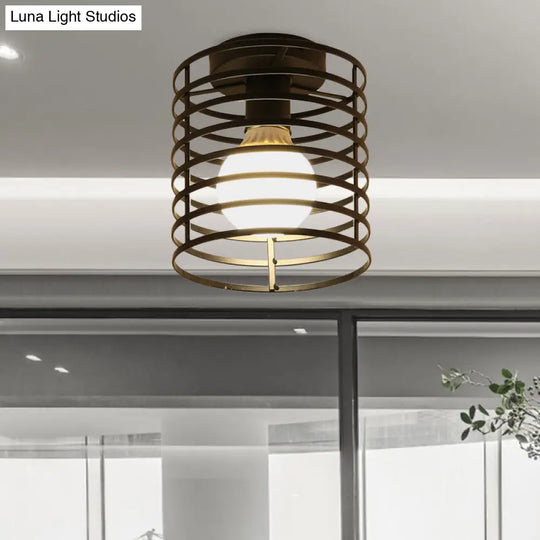 Industrial Black Metal Ceiling Light With Cylinder/Teardrop Shade - 1 Corridor Semi Flush Fixture