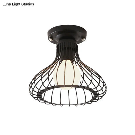 Industrial Black Metal Ceiling Light With Cylinder/Teardrop Shade - 1 Corridor Semi Flush Fixture