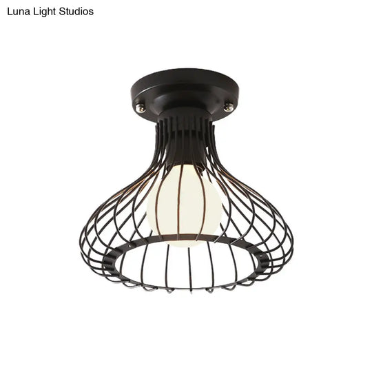 Industrial Black Metal Ceiling Light With Cylinder/Teardrop Shade - 1 Corridor Semi Flush Fixture