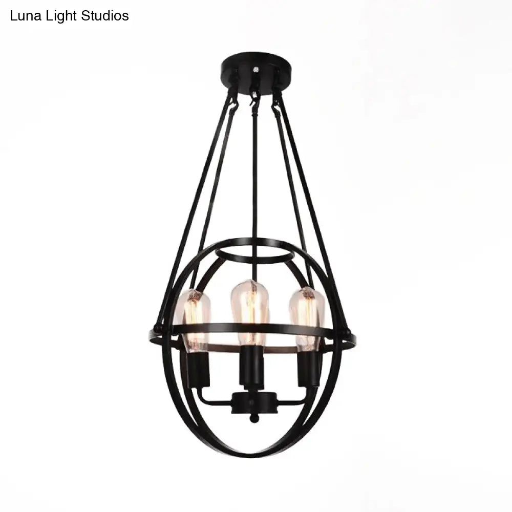 Industrial Black Metal Chandelier With Cage Shade - 4 Light Heads For Living Room