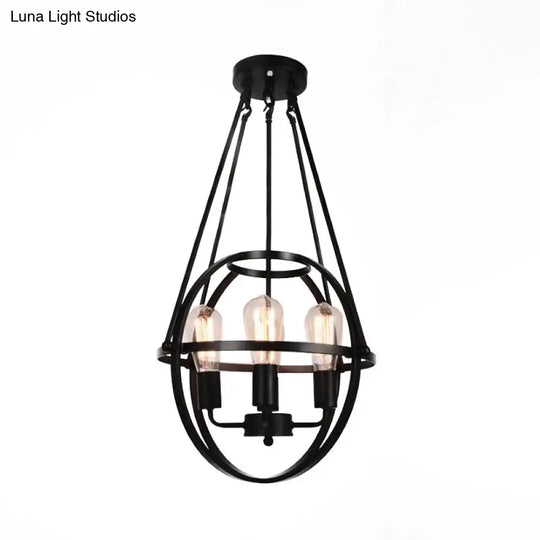 Industrial Black Metal Chandelier With Cage Shade - 4 Light Heads For Living Room