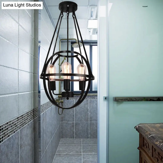 Industrial Black Metal Chandelier With Cage Shade - 4 Light Heads For Living Room