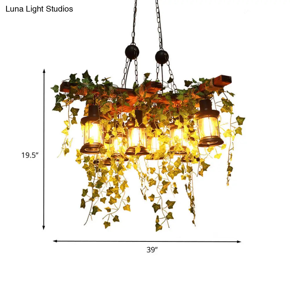 Industrial Black Metal Lantern Island Light - 8-Lights Hanging Lamp With Plant Decoration