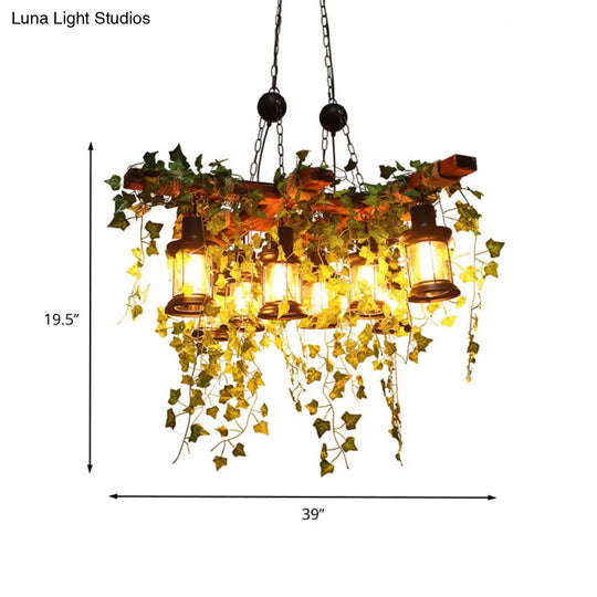 Industrial Black Metal Lantern Island Light - 8-Lights Hanging Lamp With Plant Decoration
