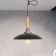 Industrial Black Metal Pendant Light With Hanging Cord - Shallow Round Design In Wood / 1