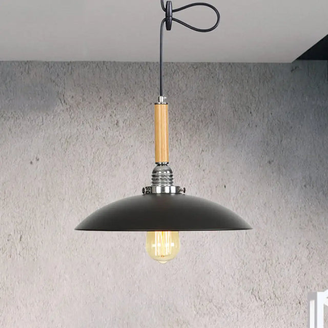 Industrial Black Metal Pendant Light With Hanging Cord - Shallow Round Design In Wood / 1