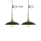 Industrial Black Metal Pendant Light With Hanging Cord - Shallow Round Design In Wood / 2
