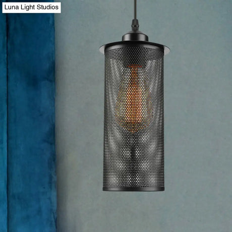 Industrial Black Metal Pendant Light With Mesh Screen - Living Room Hanging Lamp