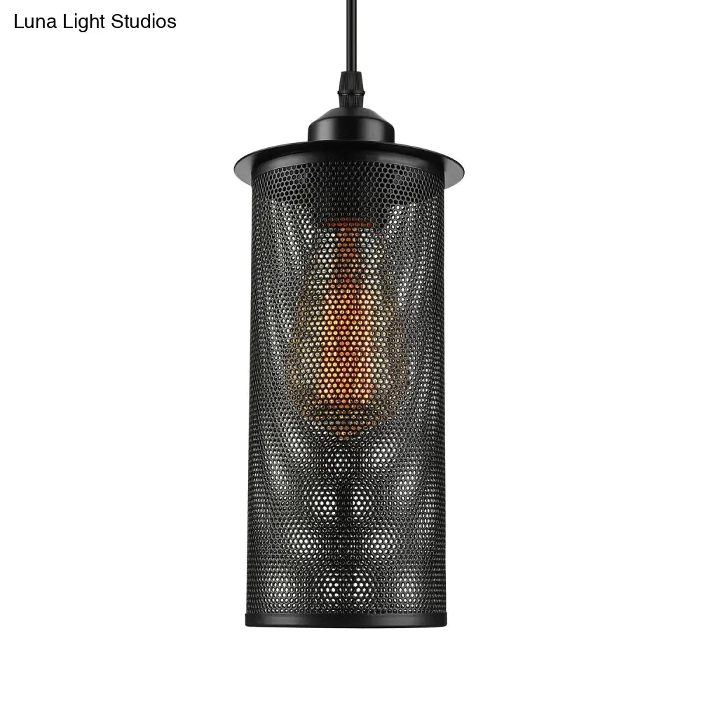 Industrial Black Metal Pendant Light - Cylinder Design With Mesh Screen Ideal For Living Room