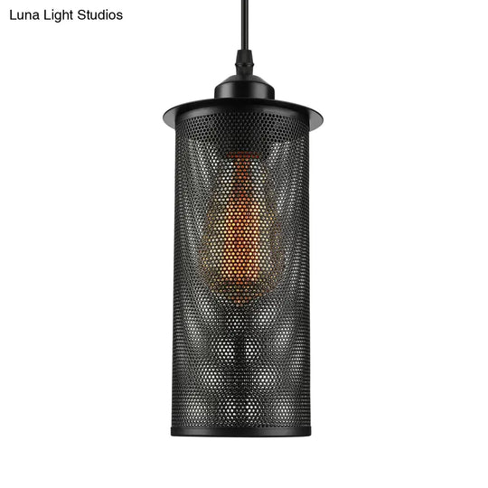 Industrial Black Metal Pendant Light - Cylinder Design With Mesh Screen Ideal For Living Room