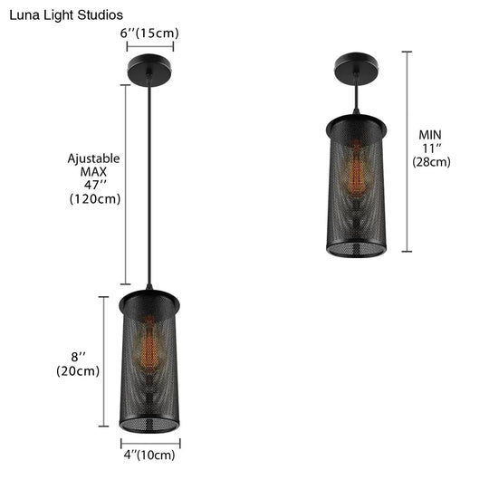 Industrial Black Metal Pendant Light - Cylinder Design With Mesh Screen Ideal For Living Room