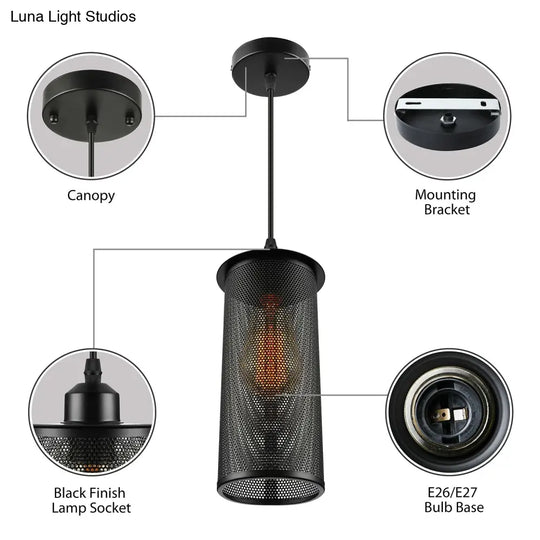 Industrial Black Metal Pendant Light - Cylinder Design With Mesh Screen Ideal For Living Room