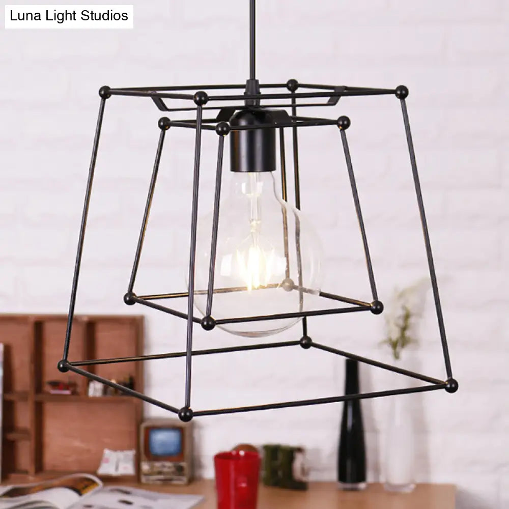 Industrial Black Metal Pendant Light With Trapezoid Cage Shade - Perfect For Living Room And Hanging