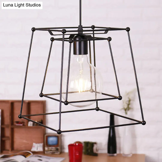 Industrial Black Metal Pendant Light With Trapezoid Cage Shade - Perfect For Living Room And Hanging