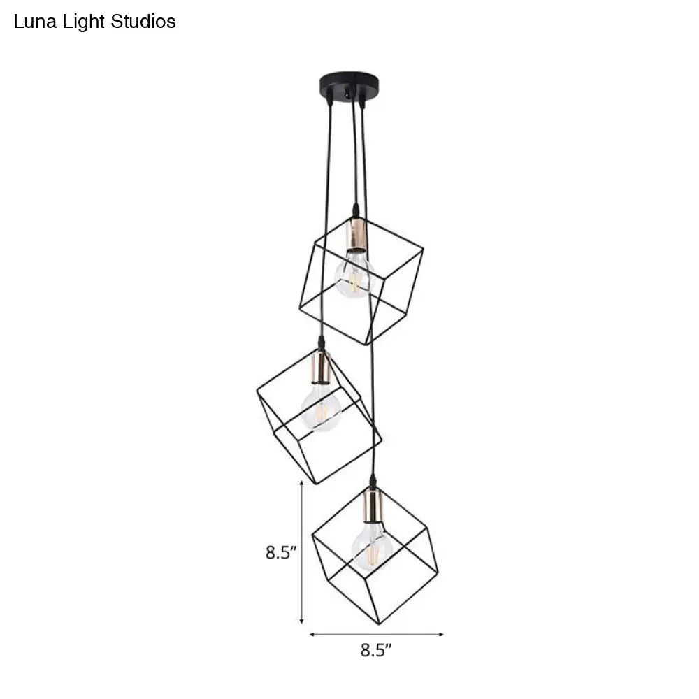 Industrial Black Square Suspension Pendant Light With 3 Metal Lights For Foyer