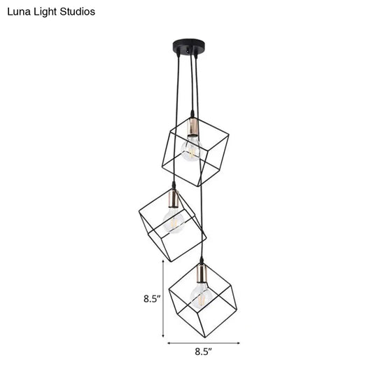Industrial Black Square Suspension Pendant Light With 3 Metal Lights For Foyer