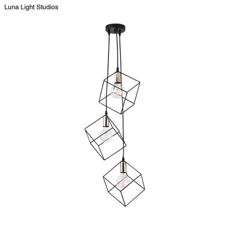 Industrial Black Metal Pendant Lighting: Square Suspension Light With 3 Lights For Foyer